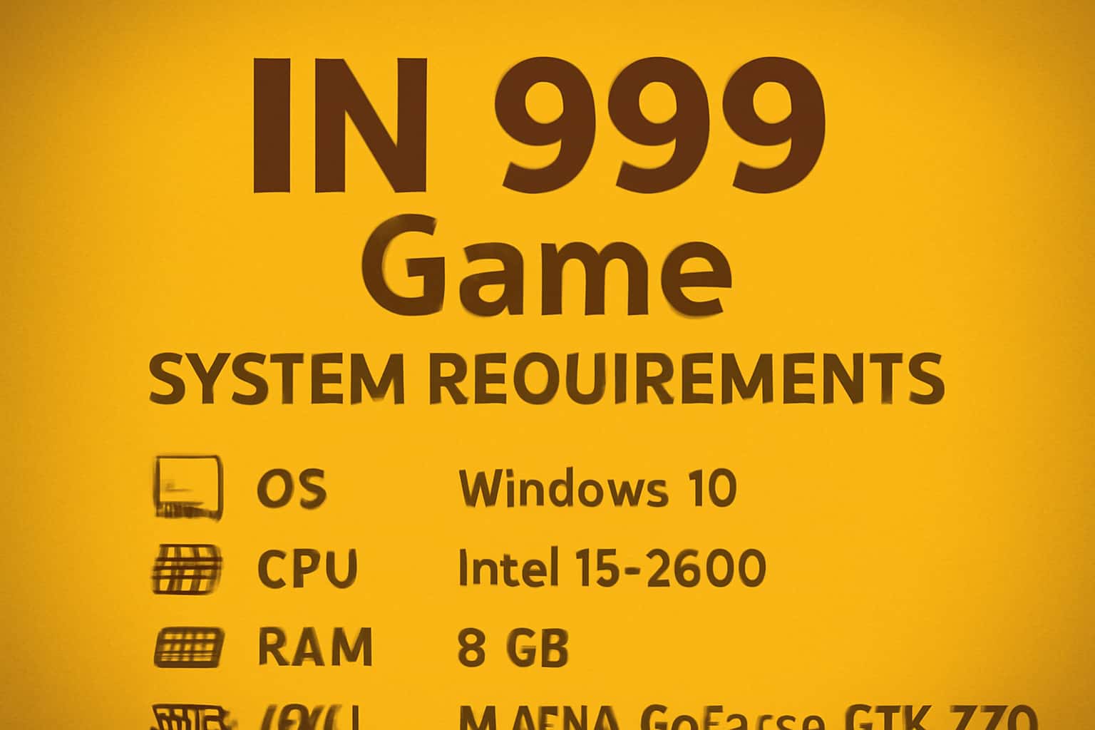 An informational scene depicting system requirements for IN 999 Game with #c99914 accents.